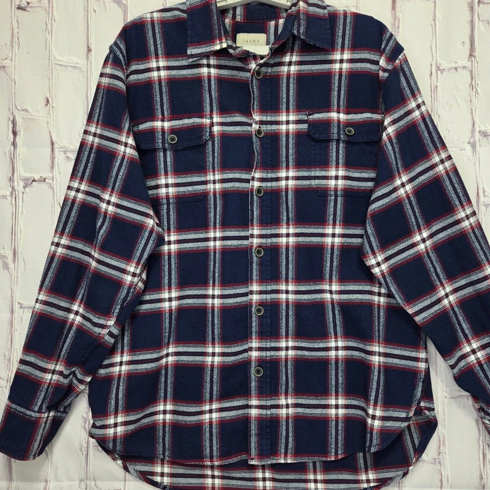 Jachs‎ NY Mens Flannel Shirt Large Navy Blue Red White Plaid Button Down Cotton